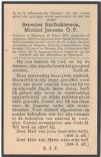 broeder Michiel Janssen 1875 Nijmegen + 1947 Huissen, 72 jr, Verzenden