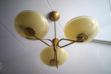 vintage art deco hanglamp 3 glazen schaal kap creme messing beschikbaar voor biedingen