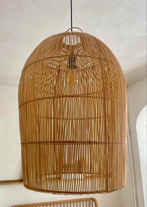 Handgevlochten lampenkamp riet/rotan, Huis en Inrichting, Lampen | Lampenkappen, Zo goed als nieuw, Rond, Ophalen
