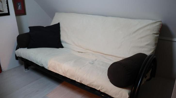 slaapbank, Huis en Inrichting, Slaapkamer | Slaapbanken, Gebruikt, 120 cm, 200 cm, Twijfelaar, Crème, Zwart, Ophalen