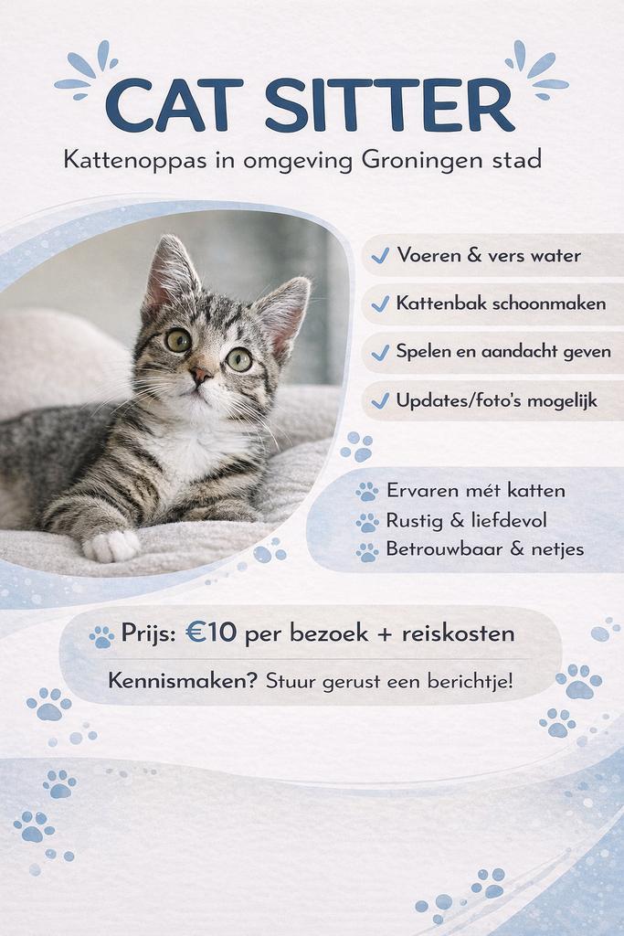 Katten oppas omgeving Groningen, Dieren en Toebehoren, Katten-accessoires, Nieuw, Ophalen of Verzenden