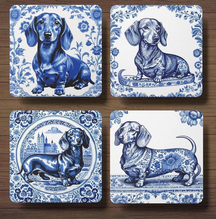 Teckel Delfts Blauw onderzetters met houder, Huis en Inrichting, Woonaccessoires | Onderzetters, Nieuw, Glas of Kopje, Ophalen of Verzenden