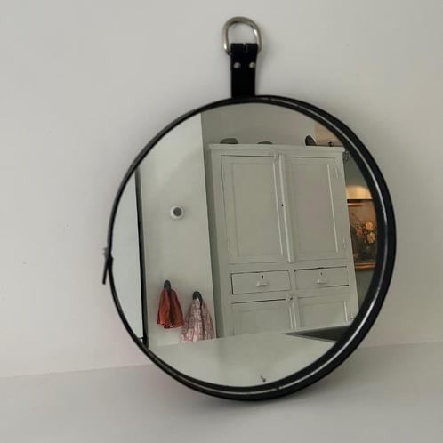 industriele ronde spiegel zwart met leer, Huis en Inrichting, Woonaccessoires | Spiegels, Gebruikt, Minder dan 50 cm, Minder dan 100 cm