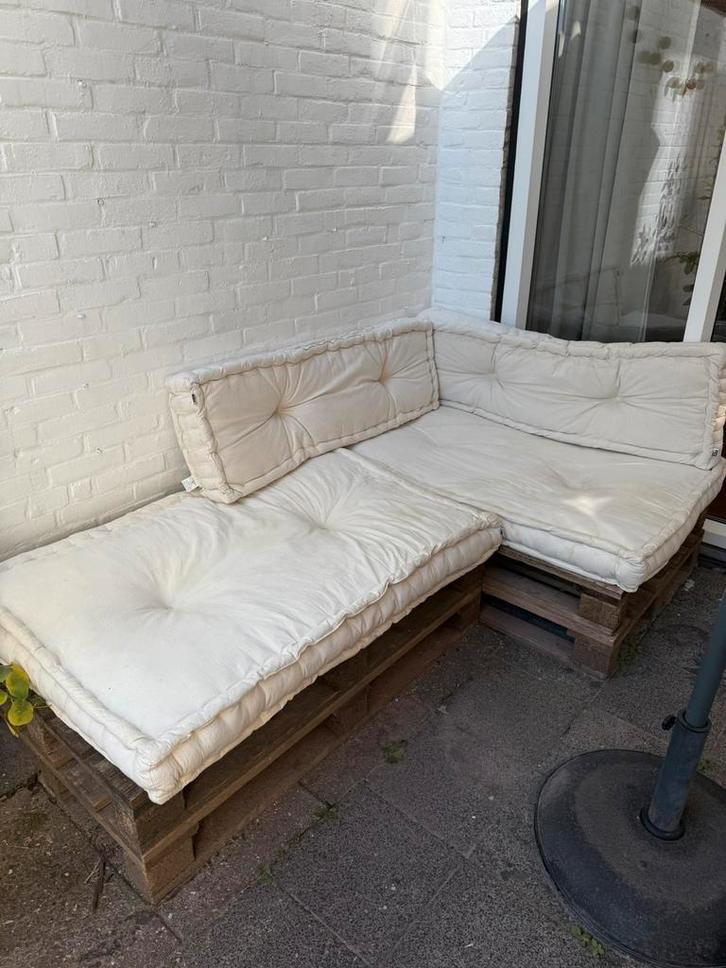 Palletbankje met palletkussens crème kleur, Tuin en Terras, Tuinsets en Loungesets, Gebruikt, Ophalen