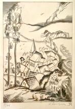 Mooie kleine ets van Hubert Levigne, dorpsgezicht gesigneerd, Antiek en Kunst, Ophalen of Verzenden