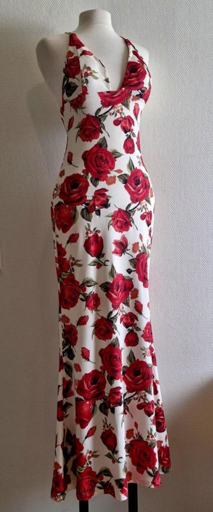Sensationele lange witte jurk met rozenprint mt 36 38, Kleding | Dames, Jurken, Zo goed als nieuw, Zwart, Onder de knie, Ophalen of Verzenden