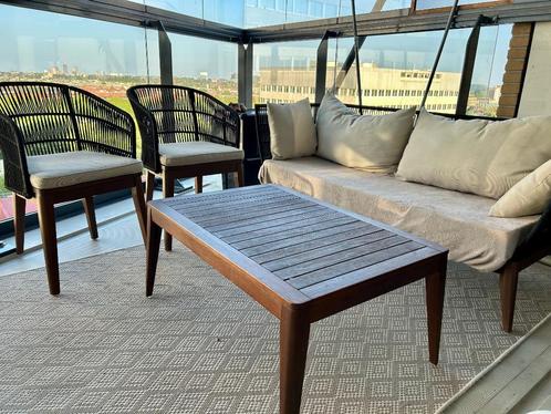 Hardhouten balkonset, Tuin en Terras, Tuinsets en Loungesets, Gebruikt, Tuinset, Hout, 2 zitplaatsen, Bank, Bijzettafel, Stoel