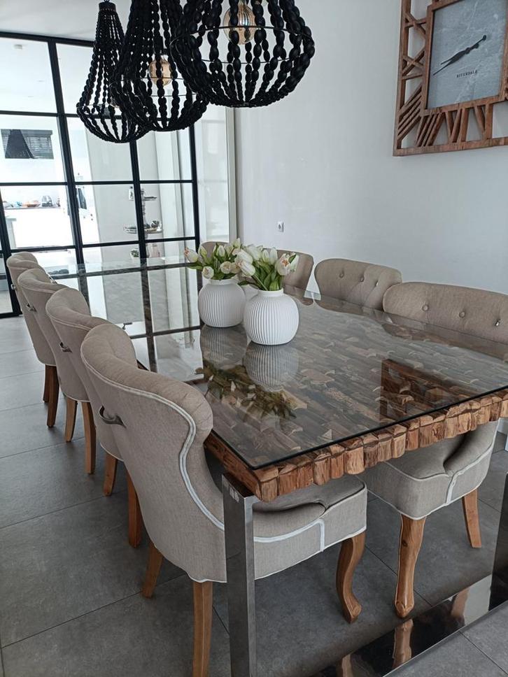 Eettafel met 6 Rivièra Maison stoelen, Huis en Inrichting, Stoelen, Gebruikt, Vijf, Zes of meer stoelen, Hout, Overige kleuren