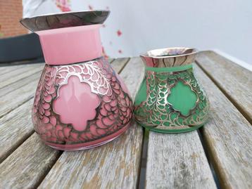 2 Art Nouveau stijl, pastel kleur Vaasjes +  Zilver Overlay beschikbaar voor biedingen
