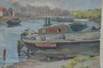 Aquarel binnenvaartschepen/werf/haventje matige staat., Antiek en Kunst, Ophalen of Verzenden