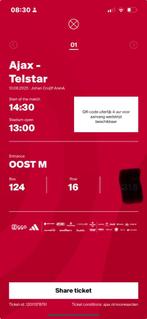 Ajax Telstar 1 ticket Vak 124, Tickets en Kaartjes, Losse kaart, Eén persoon, Augustus