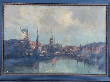 Stad aan de haven...oud olieverf schilderij.. beschikbaar voor biedingen