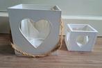 Houten Vierkante Kandelaars met Hartjes - Windlicht Set v 2, Wit, Ophalen of Verzenden, Zo goed als nieuw, Hout