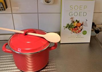 Te koop kleine rode pan met kook boek en lepel beschikbaar voor biedingen