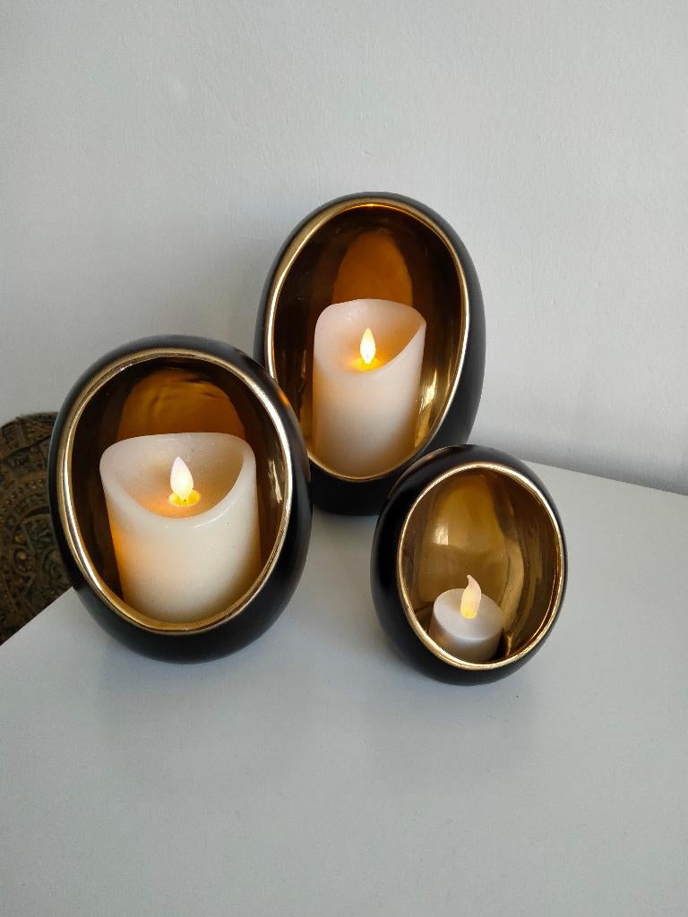 Egg Waxinelichthouders in zwart en goud keramiek, Ophalen, Overige materialen, Zwart, Zo goed als nieuw