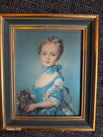 Vintage Schilderij Meisje met Kat op Stof, Ophalen of Verzenden