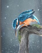 IJsvogeltje op de uitkijk, geschilderd op een houten plankje, Ophalen of Verzenden