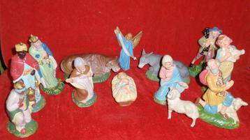 Set oude papier-maché kerstbeeldjes uit jaren 1950, 13 delen beschikbaar voor biedingen