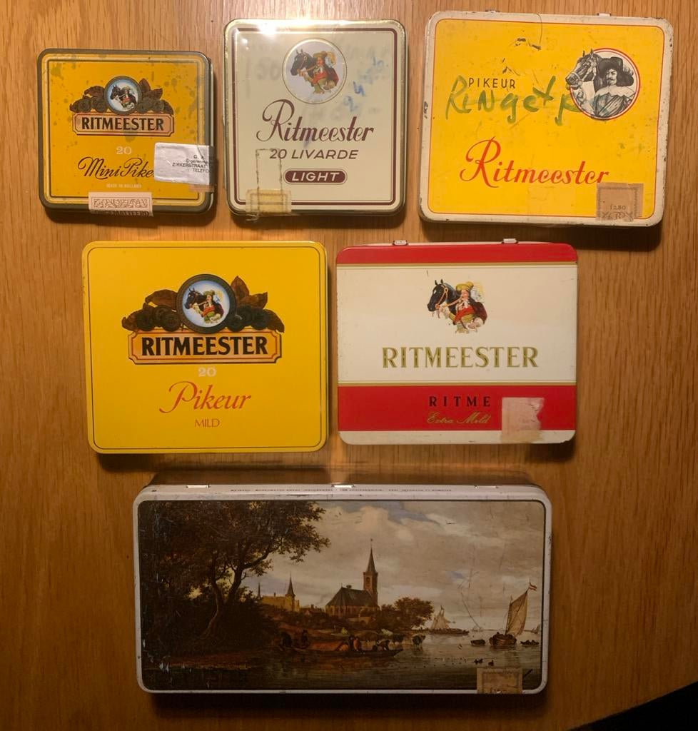 6 Lege blikken Sigarendoosjes Ritmeester, Ophalen of Verzenden, Gebruikt, Tabaksdoos of Verpakking