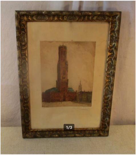 Mooi Oude Ets 'Kathedraal en Plein' - gesigneerd, Antiek en Kunst, Kunst | Etsen en Gravures, Ophalen of Verzenden