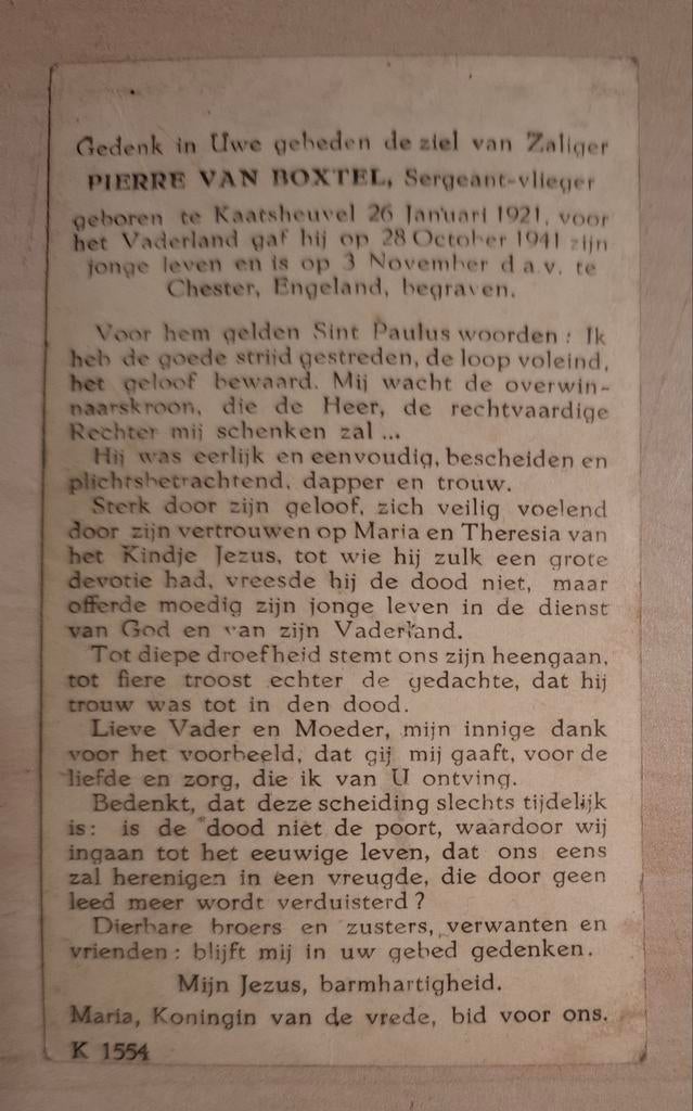 Bidprentje Engelandvaarder vliegenier, 2e wereldoorlog, Ophalen of Verzenden