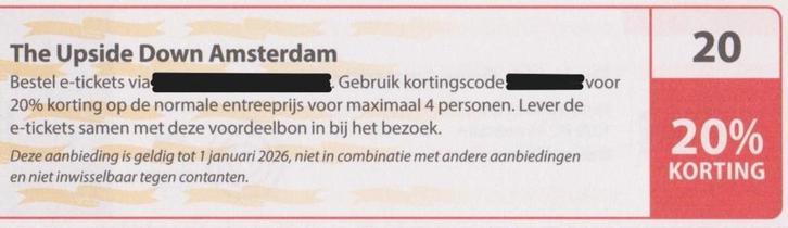 The Upside Down Amsterdam 20% korting Postcodeloterij nr 20., Tickets en Kaartjes, Musea, Drie personen of meer, Kortingskaart