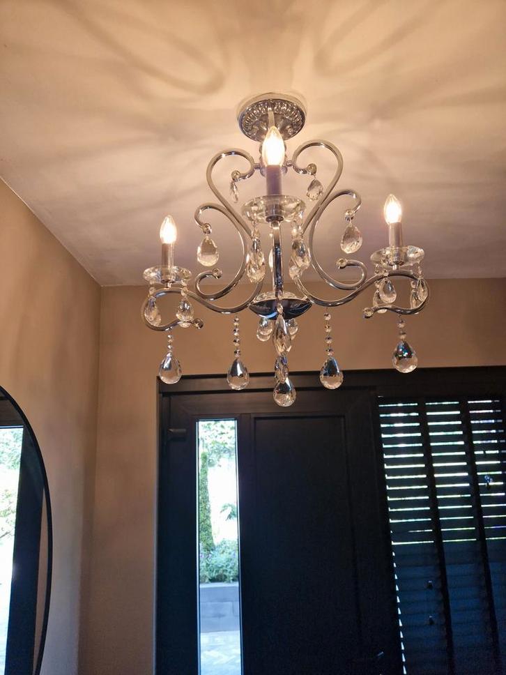 Kleine Kroonluchter met Kristallen, Huis en Inrichting, Lampen | Kroonluchters, Zo goed als nieuw, Glas, Metaal, Ophalen