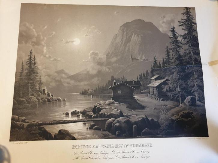 T.K. Zeer oude litho, Parthie am Beina-Elv in Norwegen., Antiek en Kunst, Kunst | Litho's en Zeefdrukken, Ophalen of Verzenden