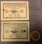 DUIF Eigendomsbewijs 2 stuks .... 1934 en 1935, Dieren en Toebehoren, Vogels | Duiven, Geslacht onbekend, Postduif