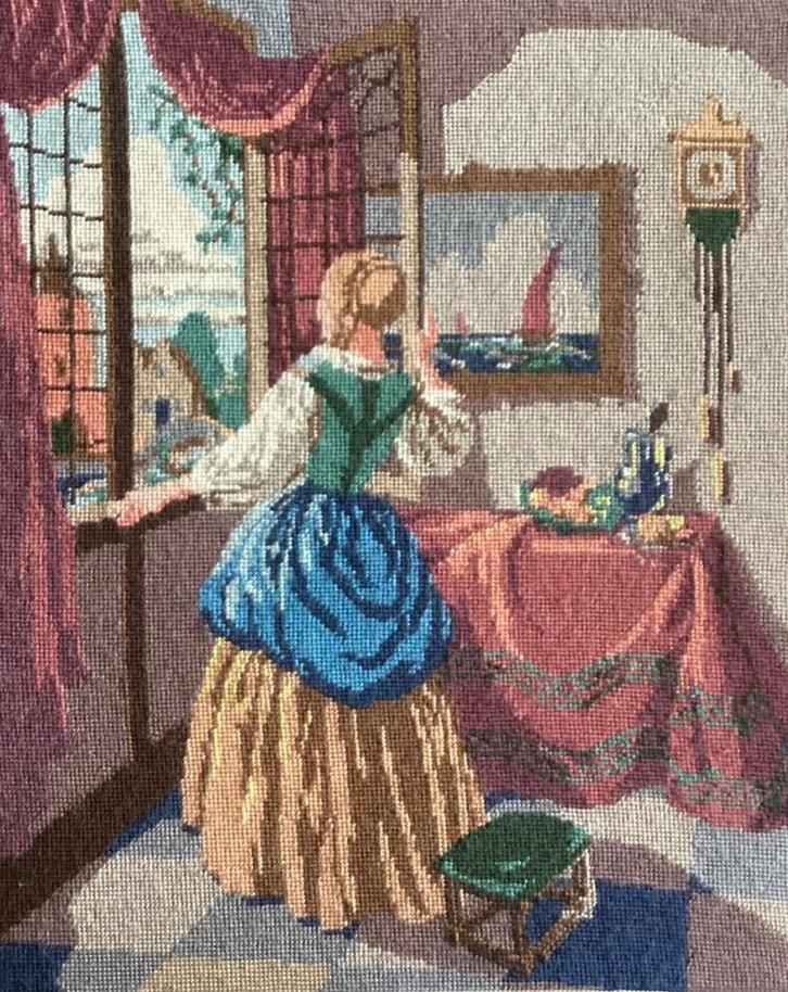 Borduurwerk, wol, dame, venster, Vermeer, vintage, Hobby en Vrije tijd, Borduren en Borduurmachines, Gebruikt, Overige typen, Handborduren
