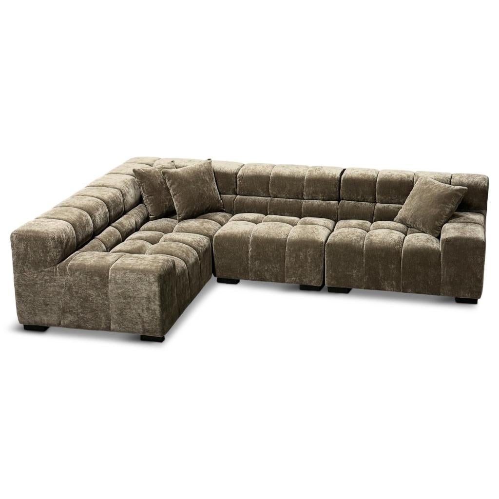 Blok hoekbank met vlakken in japandi bruine stof, Ophalen, Gebruikt, Stof, Japandi