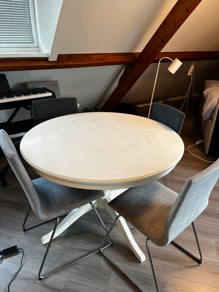 Witte ronde tafel uitschuifbaar IKEA Ingatorp, Huis en Inrichting, Tafels | Eettafels, Gebruikt, 100 tot 150 cm, 100 tot 150 cm