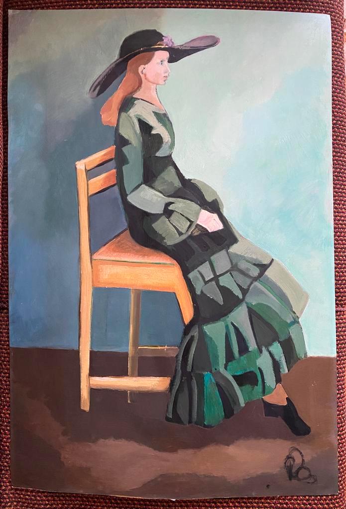 Groot portret van een dame met hoed in een groene jurk, Antiek en Kunst, Kunst | Schilderijen | Modern, Ophalen of Verzenden