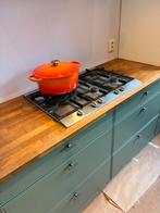 Houten Werkblad x2, RVS Spoelbak & 5-pits Gasfornuis, Ophalen, Gebruikt, Bruin, 75 cm of meer