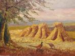 J Kuiper - fazanten bij hooischelven - landschap, Ophalen of Verzenden