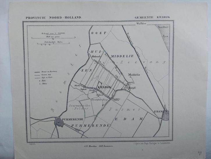 22 / Kwadijk Purmerend Edam Middelie Litho 1866 van J Kuyper, Antiek en Kunst, Kunst | Litho's en Zeefdrukken, Ophalen of Verzenden