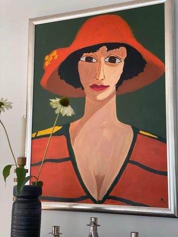Modern Schilderij Vrouw met Oranje Hoed Gesigneerd 'A' Ingel beschikbaar voor biedingen