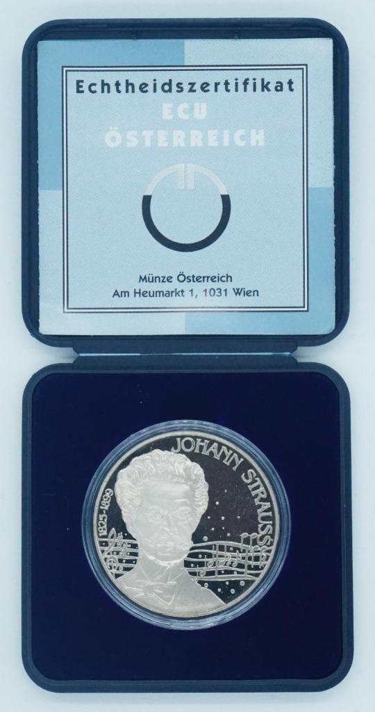 Oostenrijk 5 ECU 1995 Johann Strauss Proof in doosje, Postzegels en Munten, Penningen en Medailles, Overige materialen, Buitenland