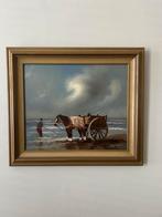 MOOI GROOT SCHILDERIJ SCHELPEN VISSER AAN STRAND …, Antiek en Kunst, Ophalen