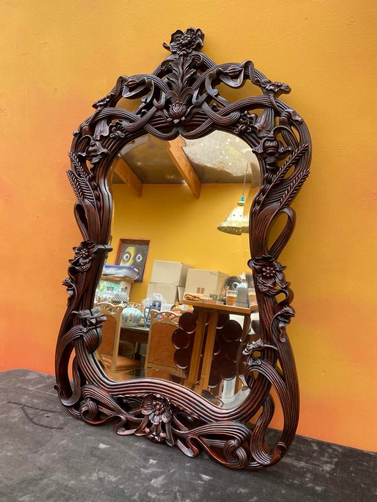 spiegel art nouveau stijl mahoniehout, Antiek en Kunst, Antiek | Spiegels, Ophalen of Verzenden, Rechthoekig