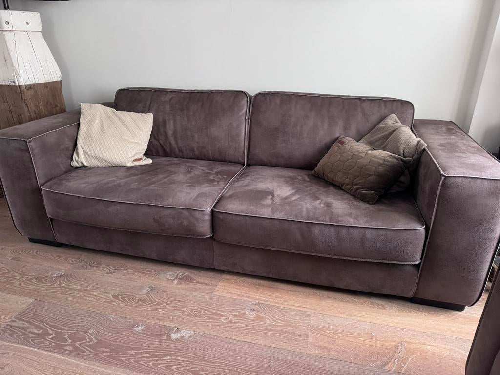 Geschuurd leren bank + fauteuil, Ophalen, Zo goed als nieuw