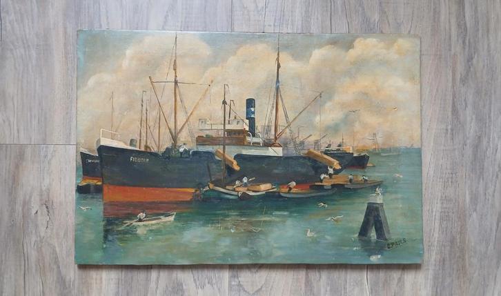 Schilderij # Het schip lossen, Antiek en Kunst, Kunst | Schilderijen | Klassiek, Ophalen of Verzenden