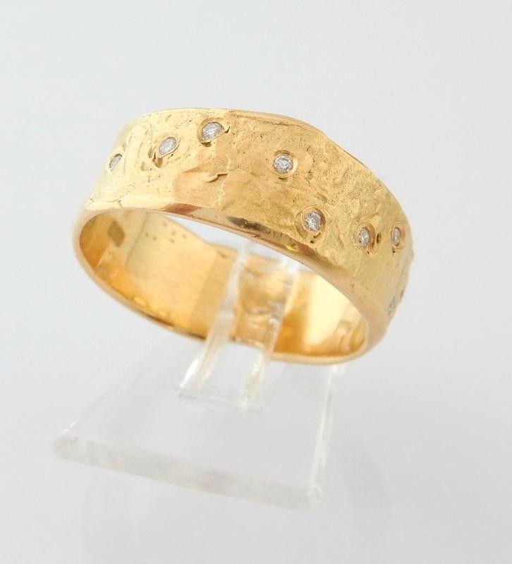 Brede 14 Karaat Gouden Ring Damesring 9 Diamanten, Sieraden, Tassen en Uiterlijk, Ringen, Nieuw, Dame, 18 tot 19, Goud, Goud, Met edelsteen