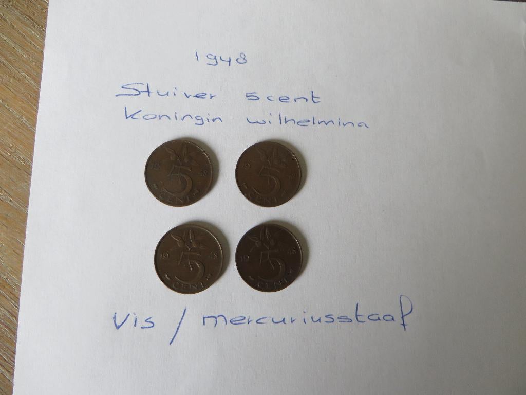 Stuiver 5 Cent 1948 Koningin Wilhelmina 4 stuks, Ophalen of Verzenden, Koningin Wilhelmina, 5 cent, Losse munt