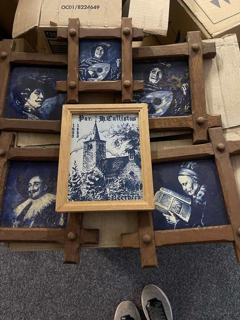 Antieke Delfts Blauwe Tegels met Houten Lijst, Ophalen of Verzenden