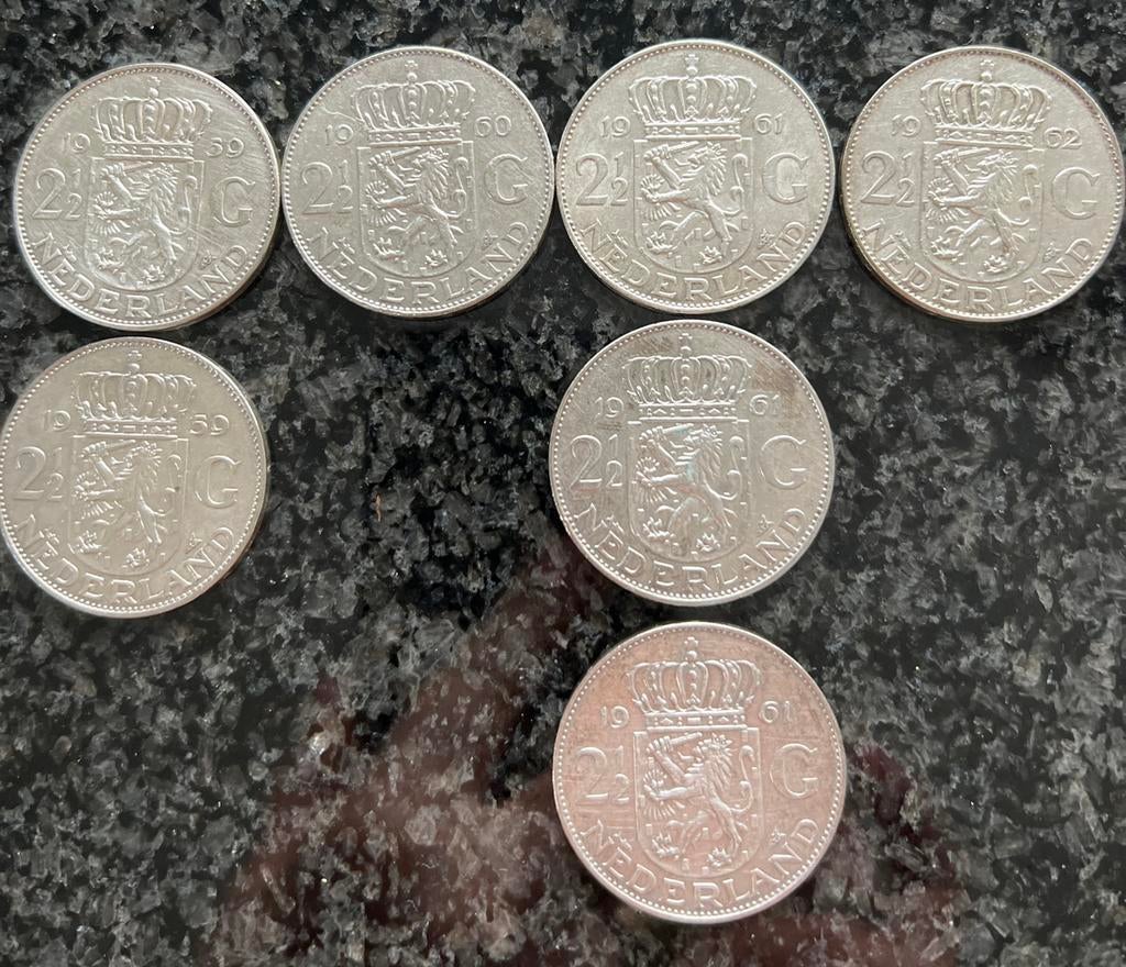 7x Zilveren 2½ Gulden Juliana (Rijksdaalders) 1959-1962, Postzegels en Munten, Koningin Juliana, Zilver, Ophalen of Verzenden