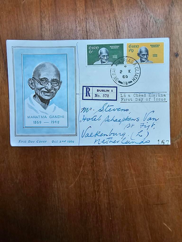 Eerste dag enveloppe Ierland Mahatma Gandhi 1964, Postzegels en Munten, Ophalen of Verzenden, Envelop