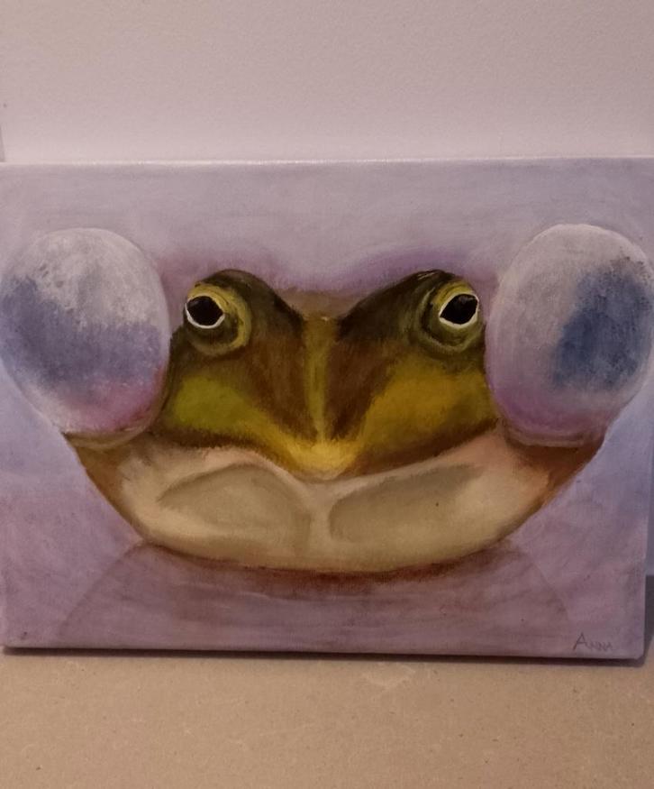 Uniek schilderij van opgeblazen kikker - 24 x 18 cm, Antiek en Kunst, Kunst | Schilderijen | Modern, Ophalen of Verzenden