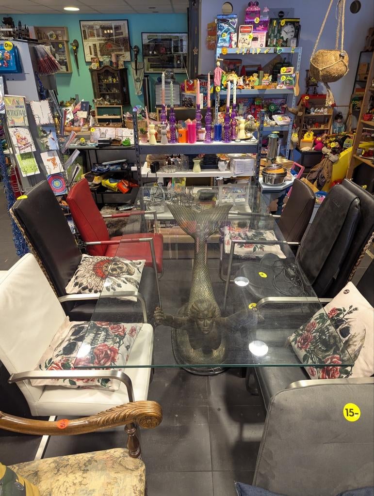 Unieke Bronzen Zeemeermin Tafel met Glazen Blad, Antiek en Kunst, Ophalen
