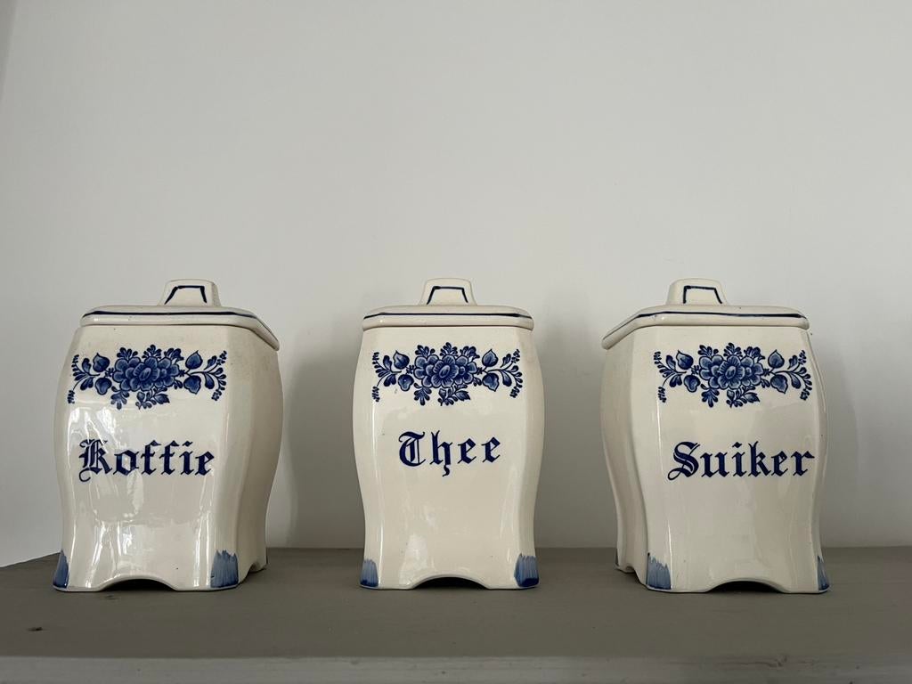 Koffie thee suiker pot porselein blauw bloem, Ophalen of Verzenden